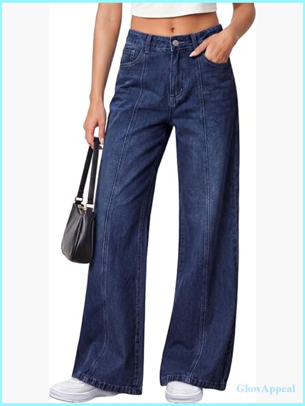 High Waisted Stretchy Baggy Wide Leg Seamed Front Denim Palazzo Jeans